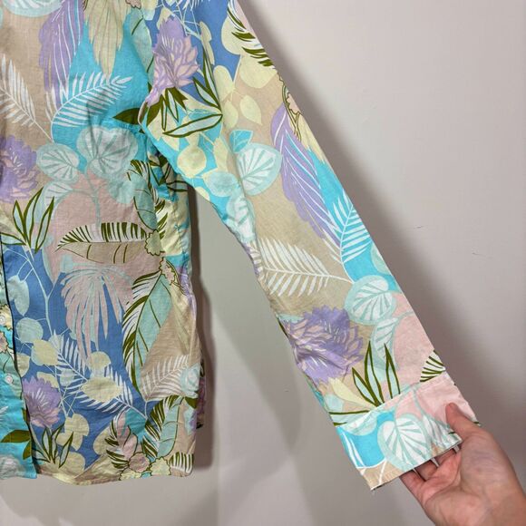 Talbots Green Blue Floral Button Up Top Women L Cotton Lightweight Tropical - Picture 3 of 8